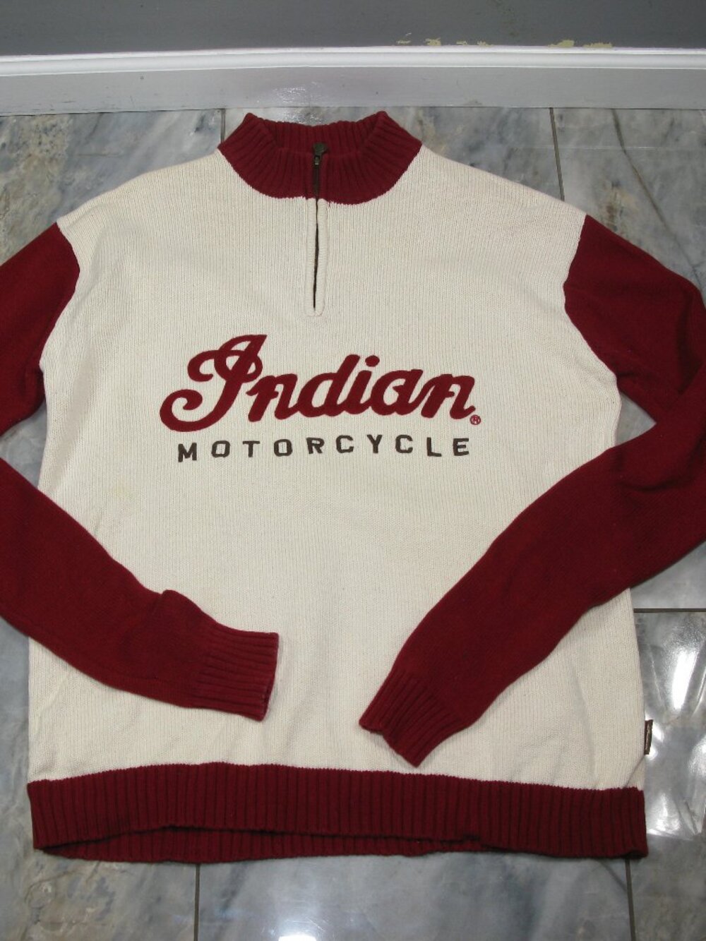 Indian Motorcycle Men's Red/Cream Partial Zip Front Cotton Sweater Size XL